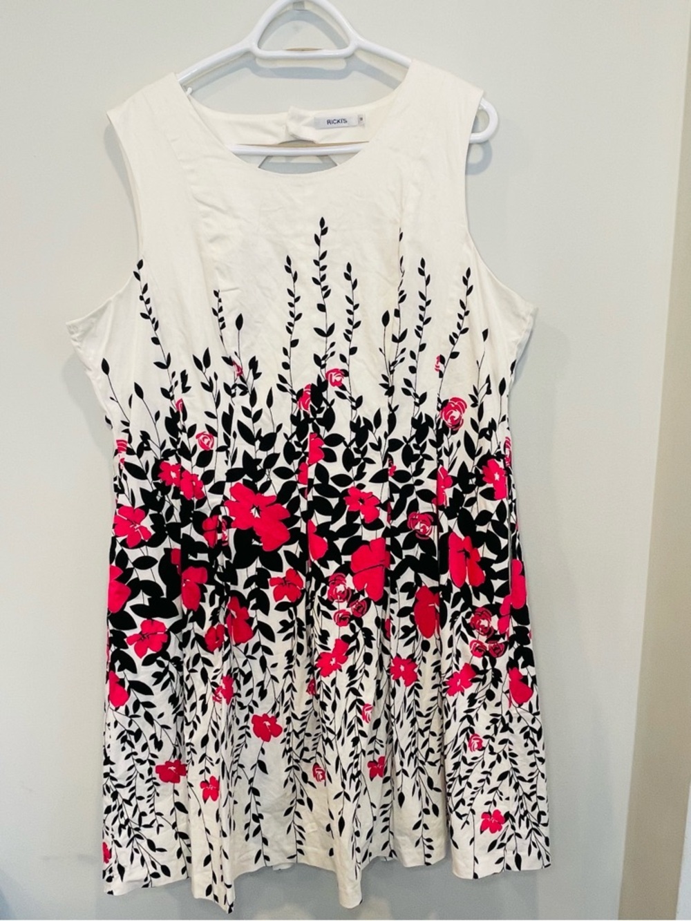 Ricki's White Sleeveless Midi Dress with Black Leaf Print and Hot Pink Flowers - Picture 2 of 8